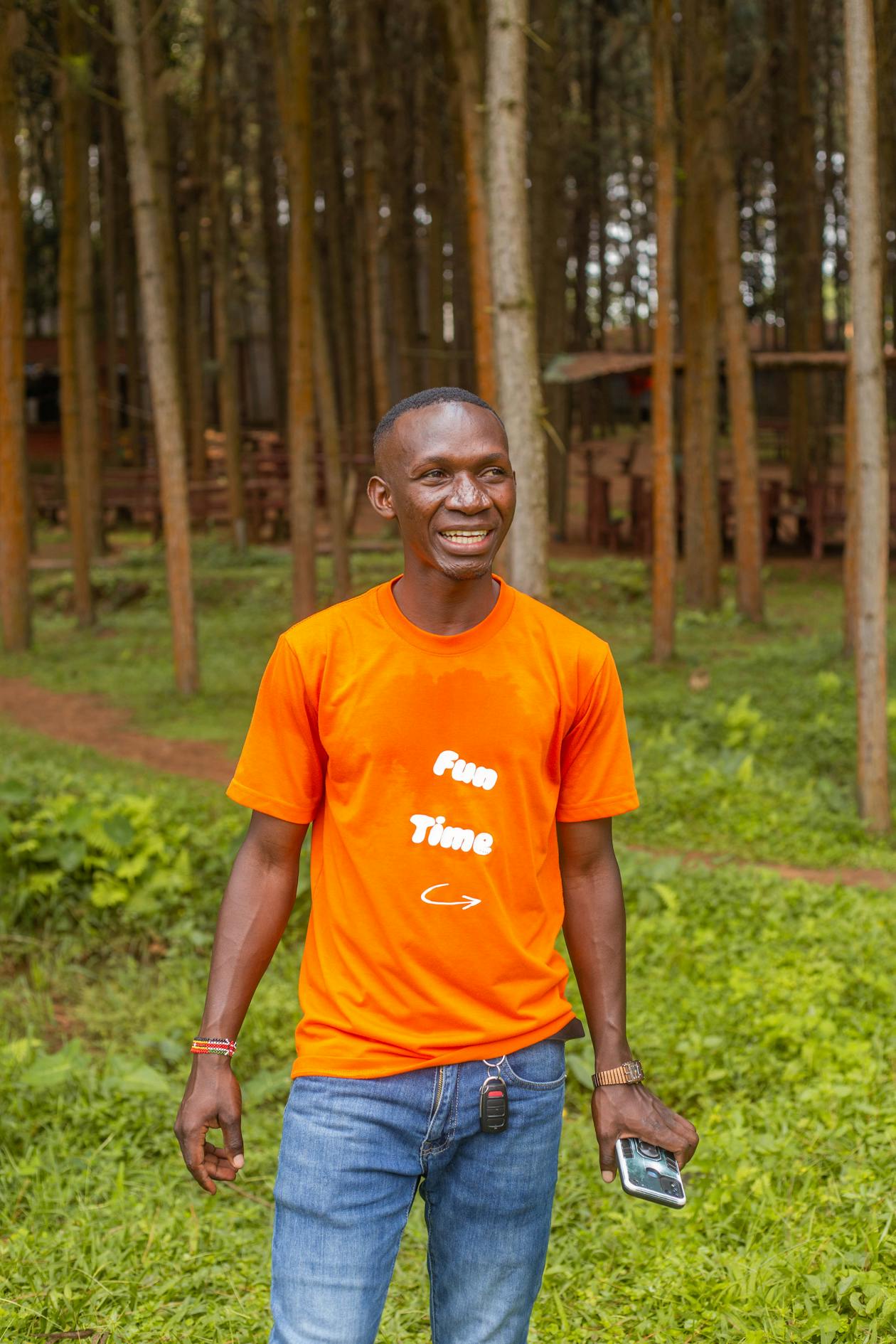 Man tshirt forest smiling outdoor